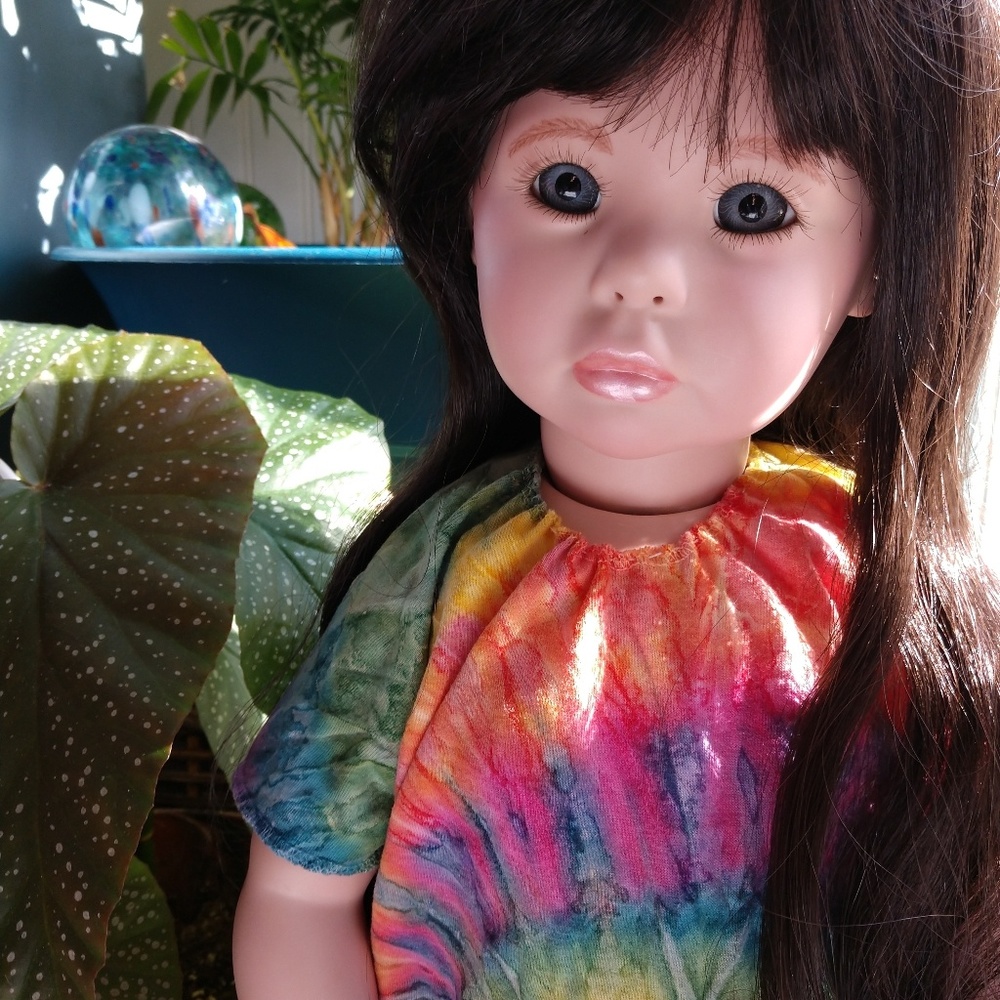 2' vintage porcelain doll brown hair in tie-dye